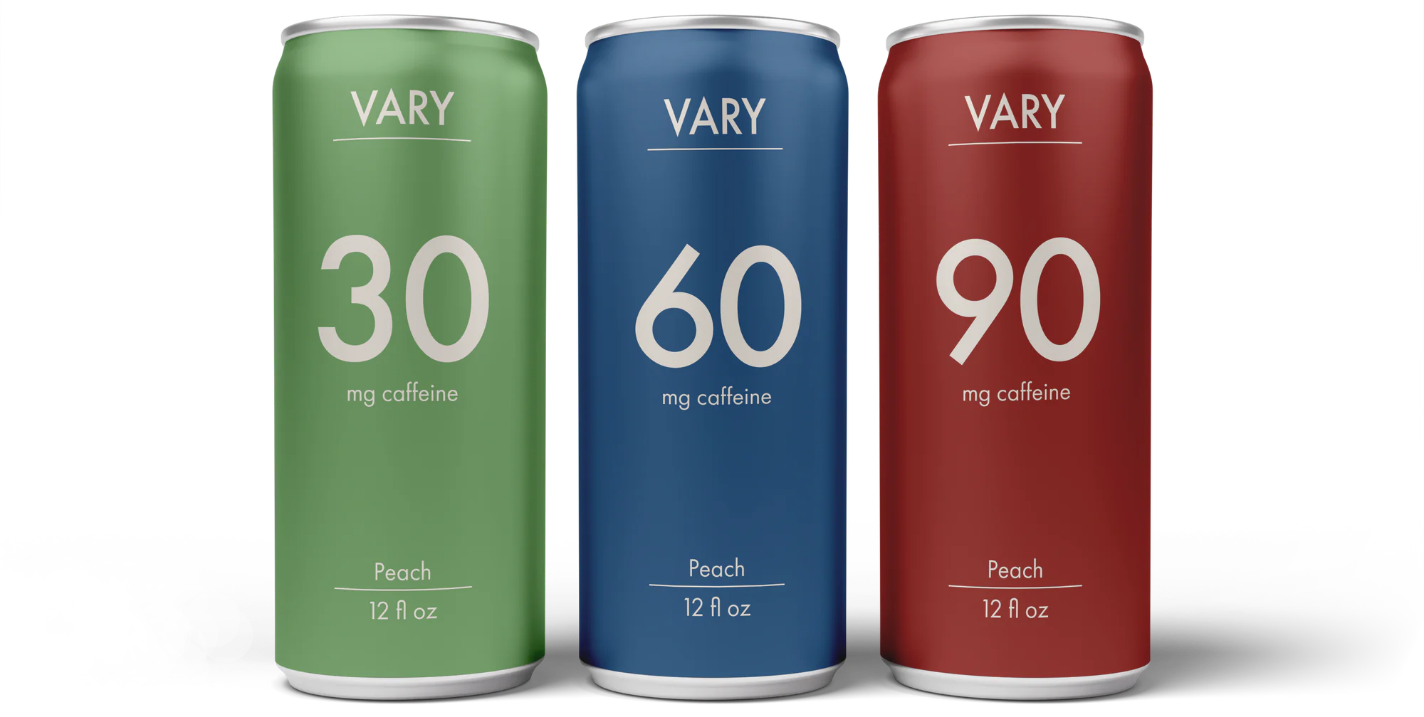 Three VARY cans: green 30, blue 60, red 90. Product render.